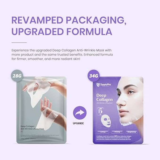 ZypplyPro قناع الوجه بالكولاجين العميق 5 عبوات، قناع الوجه المرطب البيوكولاجين للعناية ببشرة النساء، قناع ورقي كوري مضاد للتجاعيد للاستخدام الليلي بوزن جزيئي منخفض لرفع وشد وترطيب البشرة، 28 جرام × 4 عبوات - Image 2